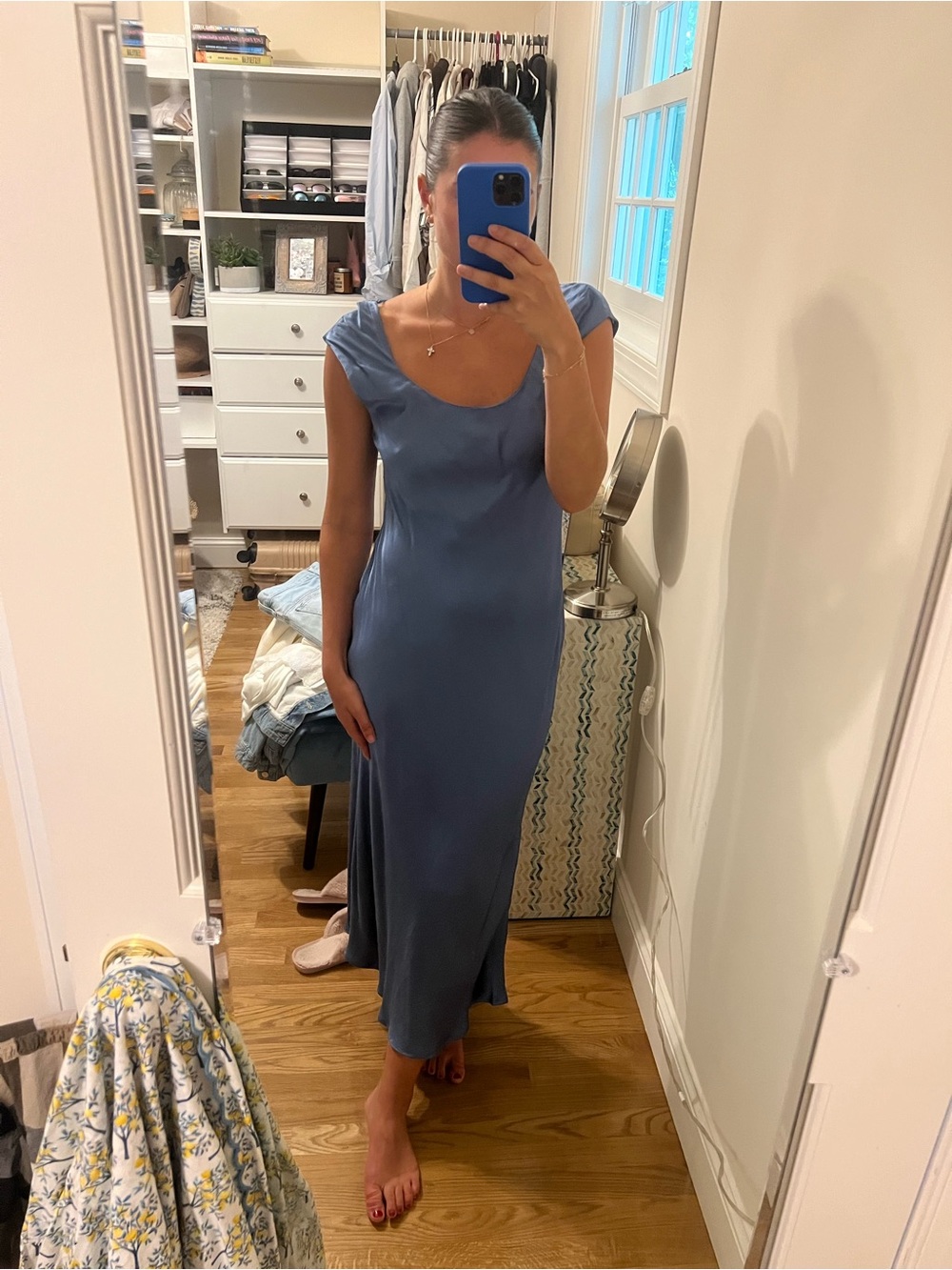 Astr Satin Slip Maxi Dress in Dusty Blue